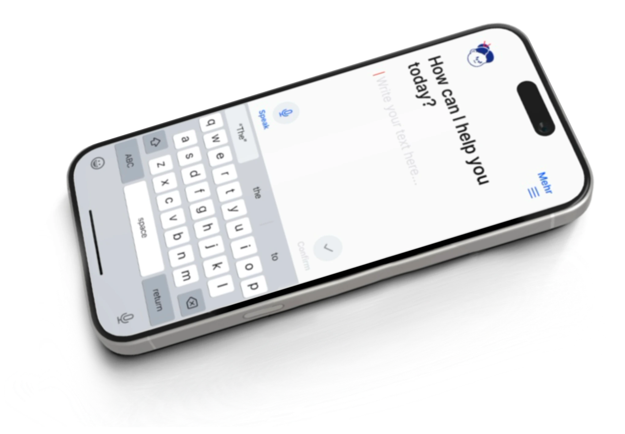 Aha assistant on a tilted phone asking how it can help