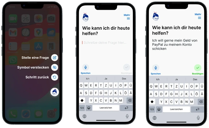 Aha interface: assistant menu and the question screen with keyboard