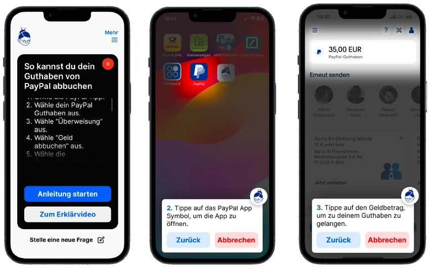 Guided PayPal steps with the target area spotlighted