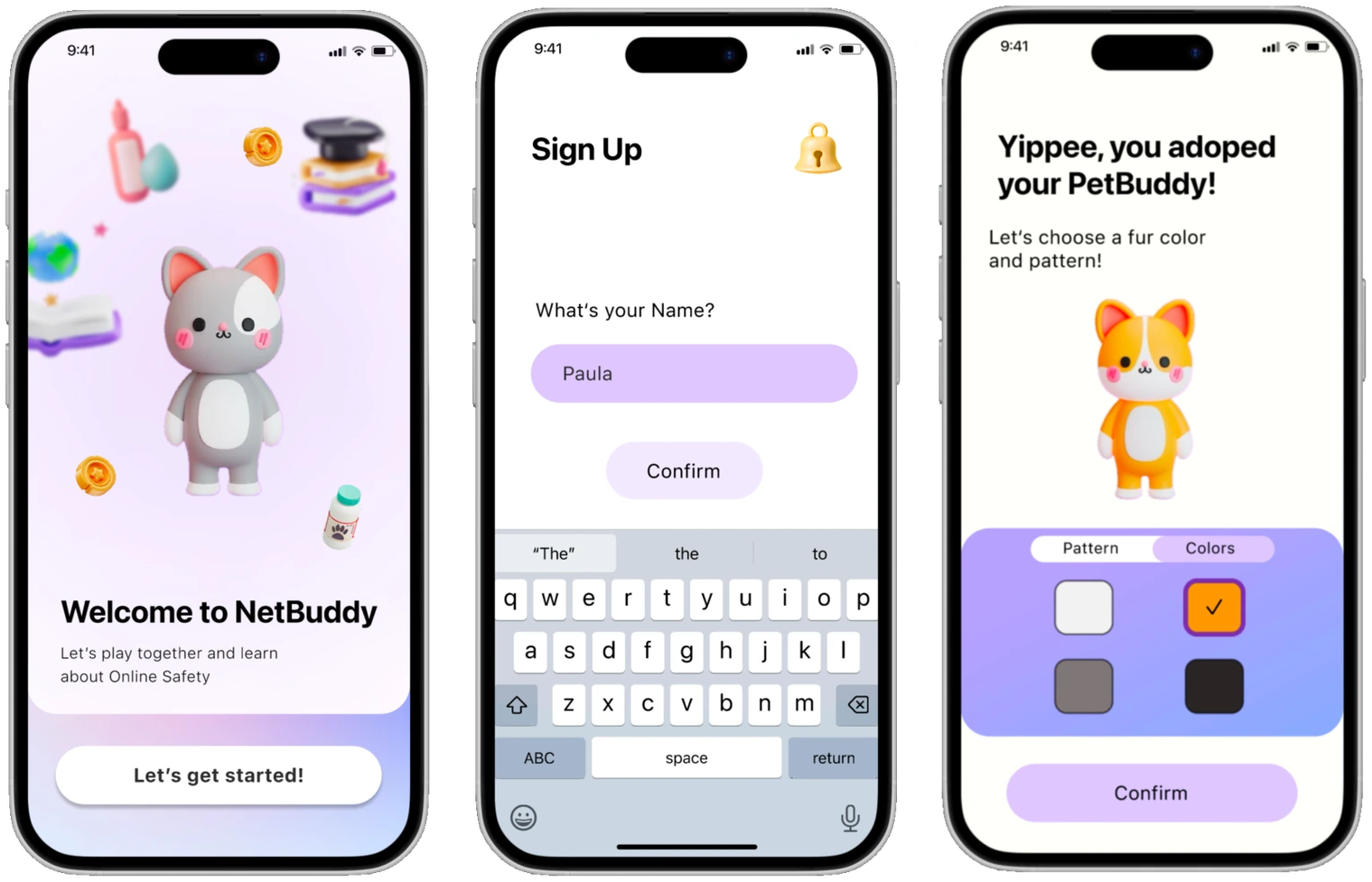 NetBuddy onboarding: welcome screen, sign up and choosing a pet's fur color and pattern